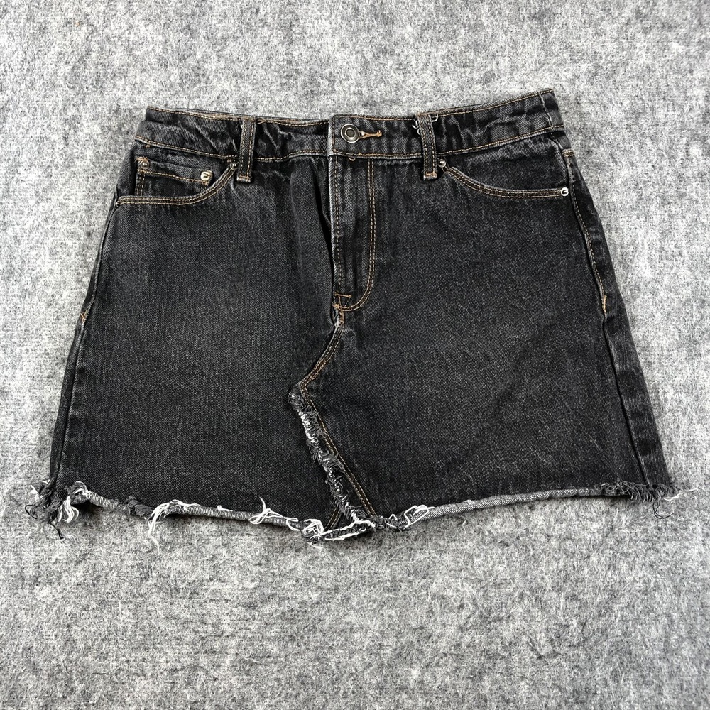 Forever 21 Denim Skirt Womens Medium Black Asymmetrical Raw Hem Mini High Waist